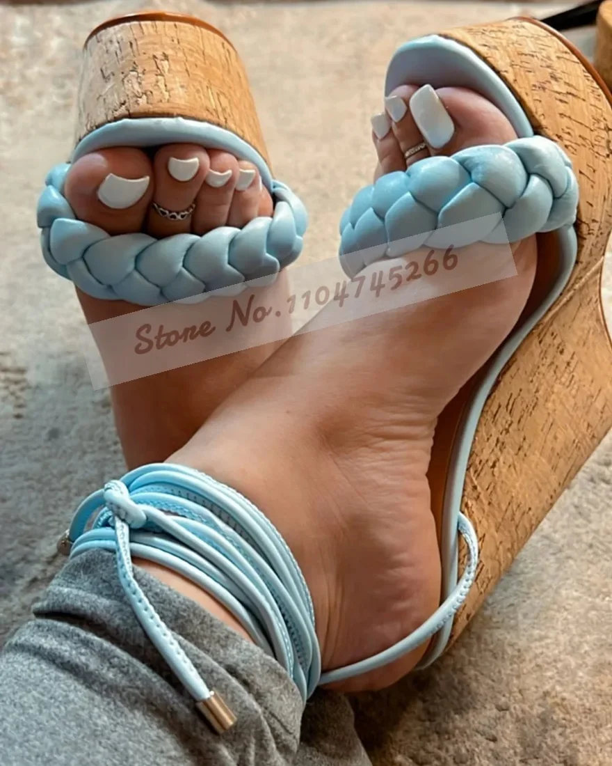 

Women Wooden Wedge Heel Braided Sandals Sky Blue Matte Plaited Strap Platform Shoes Lace-Up Slingback Banquet Footwear