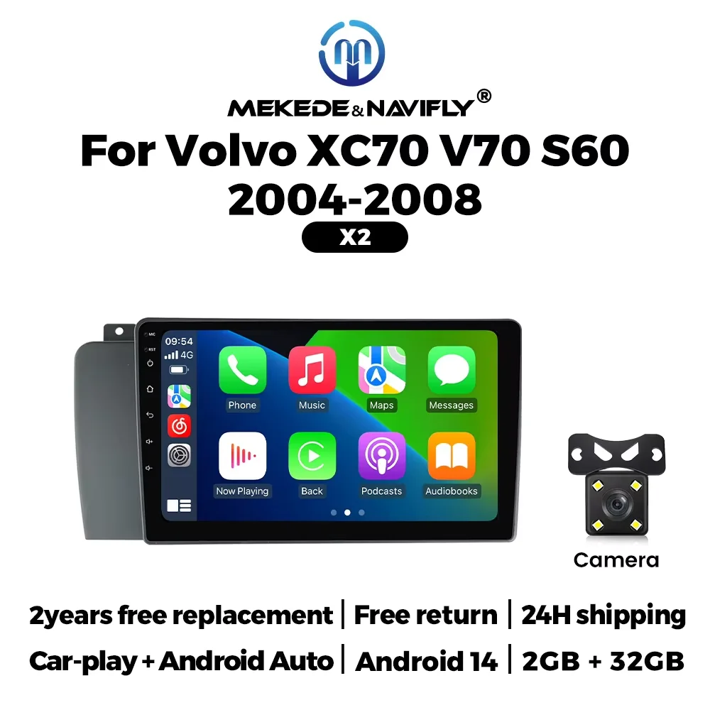 MEKEDE & NAVIFLY Android 14 Autoradio stereo Host Unit Voor Volvo XC70 V70 S60 2004-2008 intelligente Carplay systeem 2Din GPS speler