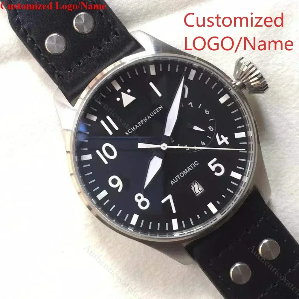 46 мм модные пилотные большие мужские автоматические механические часы спортивные черные коричневые кожаные коричневые из нержавеющей стали по индивидуальному заказу