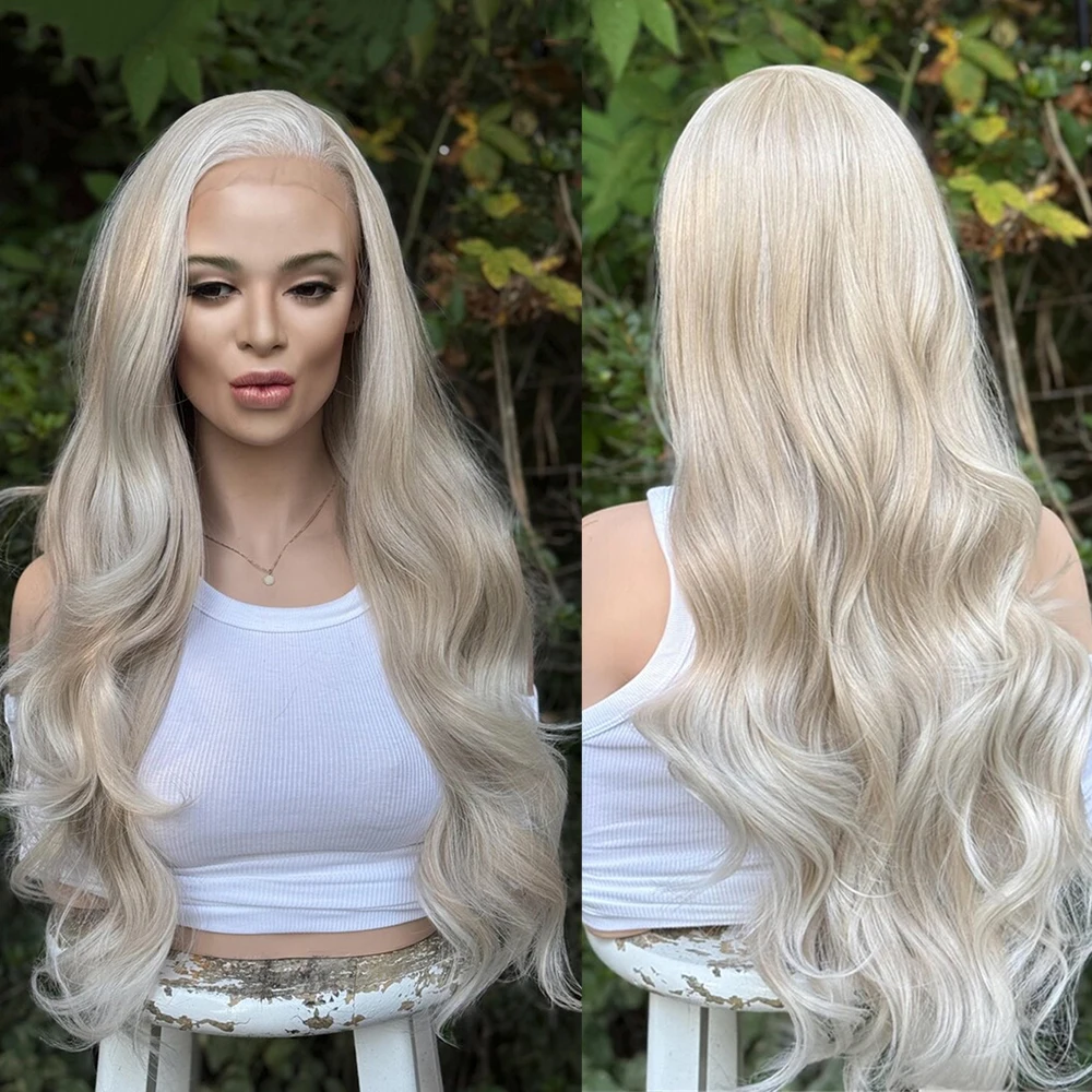 

Synthetic Lace Front Wig Icy Platinum Cool Natural Blonde Balayage Hand-tied Lace Top Wig Heat Friendly Fibre Luxury Women Wig