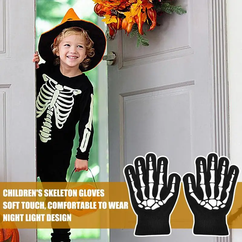 Mitaines d'Halloween pour enfants, modules de cosplay, squelette, doigt complet, éclat dans la nuit, accessoire de costume d'Halloween