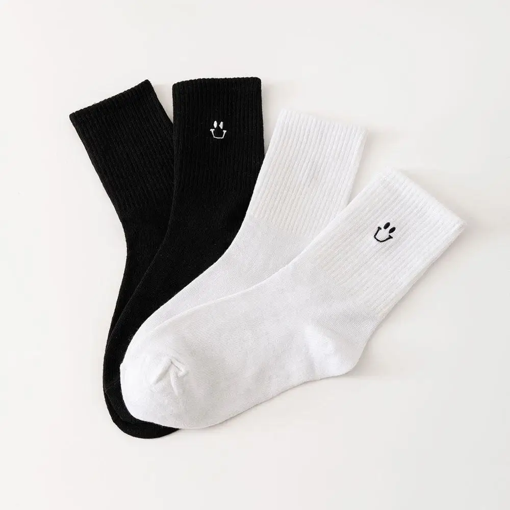 2 Pairs Women Smile Socks Y2k Black White Socks For Girl Cotton Socks Funny Simple Design Embroidery Korean Style