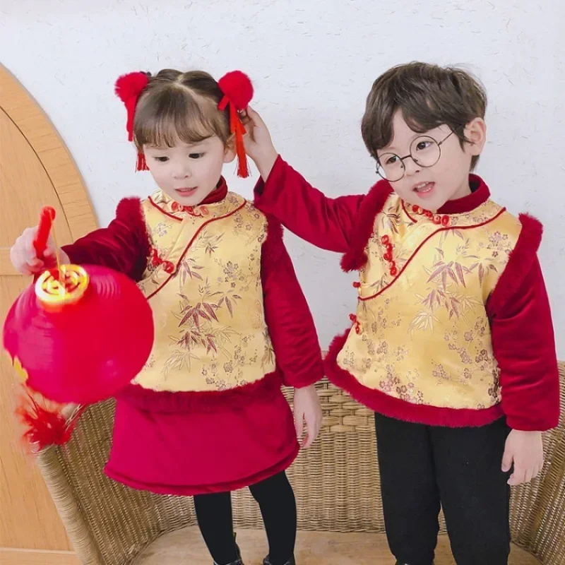 

2025 Chinese Traditional Children New Year Suit Boy Girl Retro Floral Print Hanfu Dress Set Kawaii Role Playing Stage Costumes