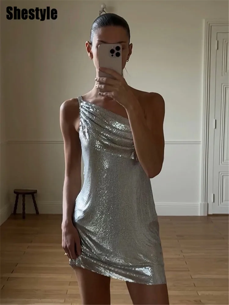 

Shestyle One Shoulder Silver Sexy Dress Women Sleeveless Slope Neck Ruched Casual Summer Clubwear Glitter Shine Material New