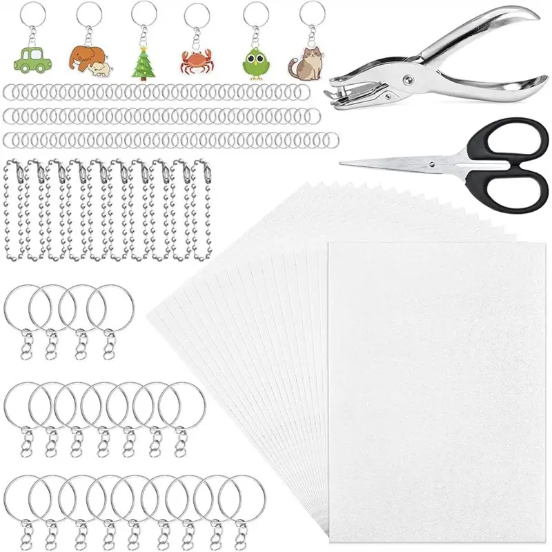 

【РОЖДЕСТВЕННЫЕ 】 Дырокол, ножницы, брелки, цепочки, кольца для прыжков и набор из 15 пластиковых листов Shrinky (20 шт.) для