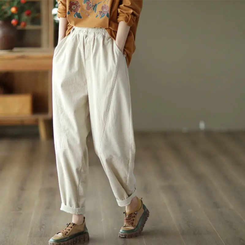 Vintage Corduroy Harem Pants Women High Waist Casual New Autumn Winter Fashion Streetwear Versatile Soft Female Solid Color