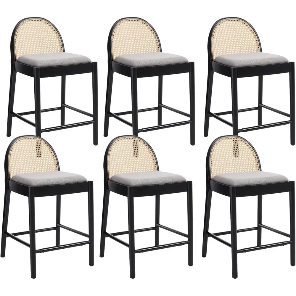 

Set of 6, 26 Rattan Back Counter Stools with Upholstered Linen Seats, Grey