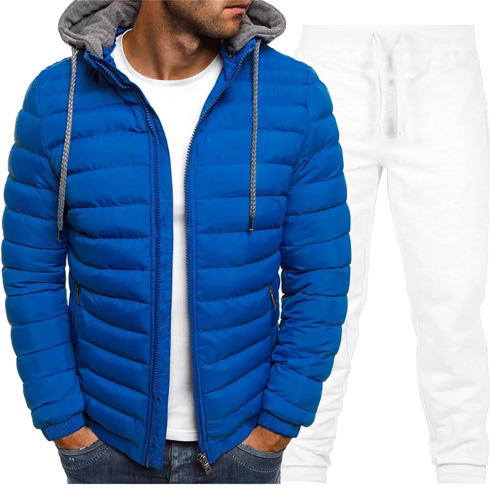 

Men’s Clothes Set Winter Jacket Coat And Pants Solid Color Casual Plus Size Hooded Zipper Warm Two Pieces Set Men Tracksuits