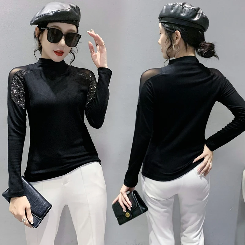 Autumn Winter bottoming shirt New Turtlenecks Long-sleeved diamond top Fashion Sexy Women Black T shirt