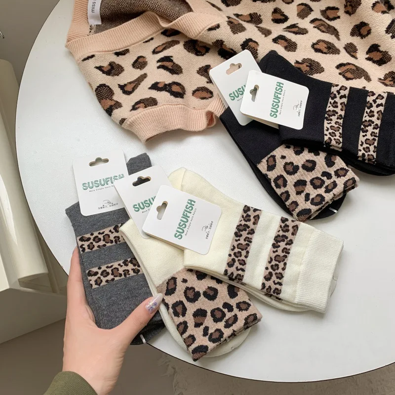 

Women's Socks Korean Kawaii Leopard Print Sweet Cool Y2K Retro Mid Tube Socks High-quality Comfortable Cotton Socks For Girl