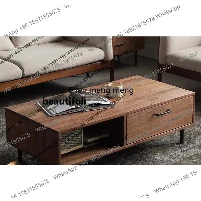 Black walnut coffee table wrought iron living room tea table, solid wood table