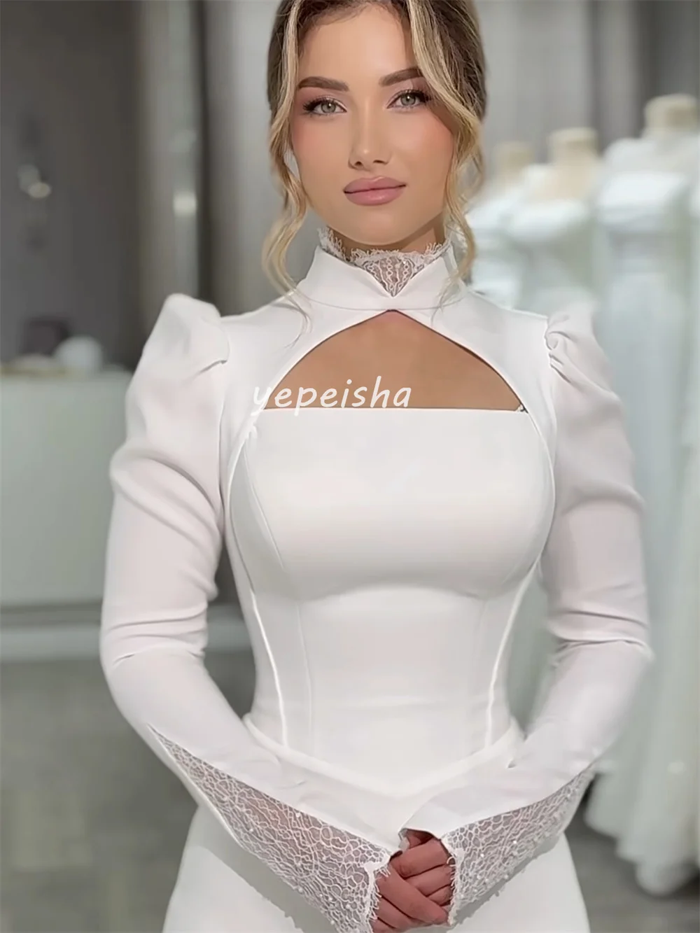 Personalizado simples jérsei renda ruched em linha reta gola alta vestidos longos sob medida vestidos de ocasião moda elegante tamanhos disponíveis