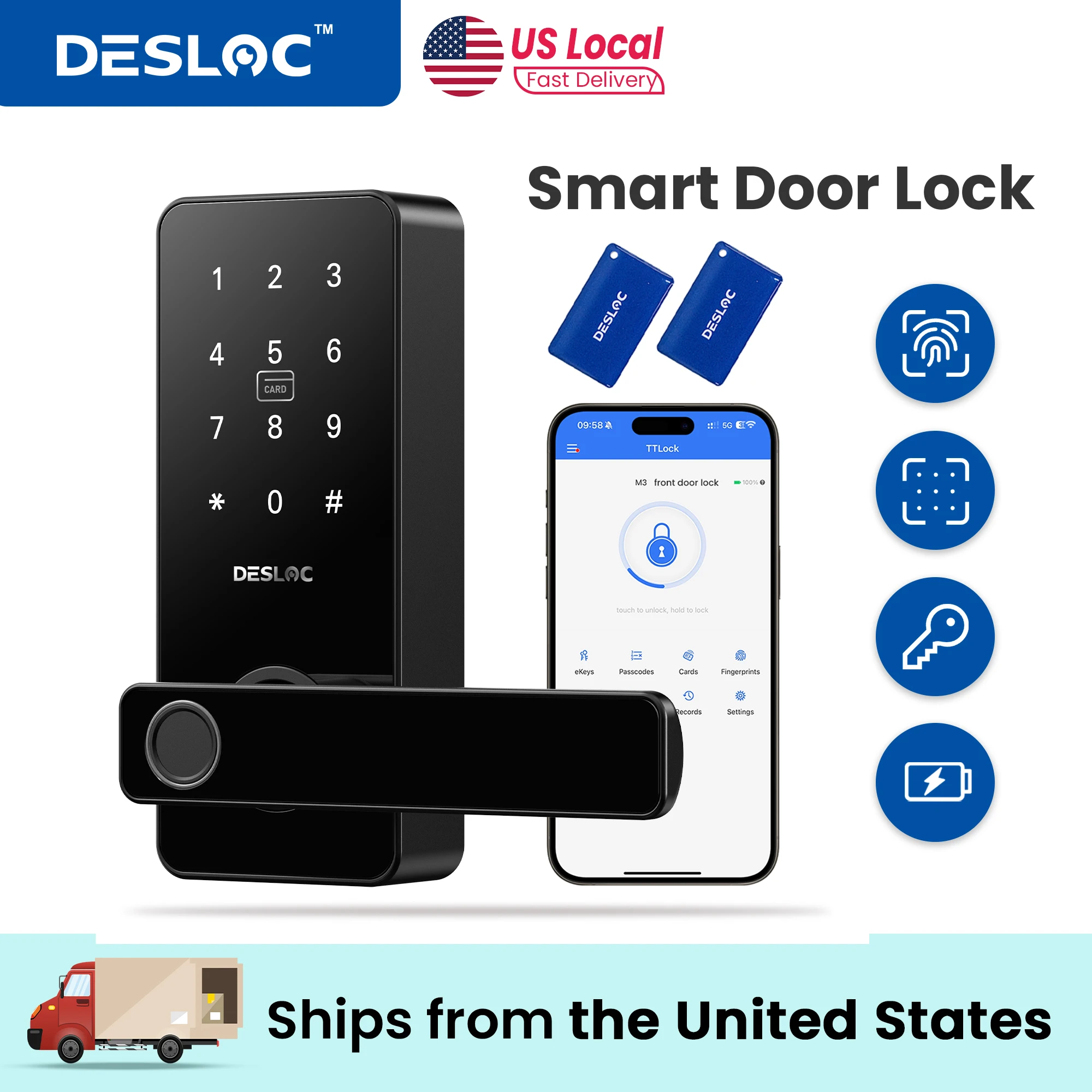 

DESLOC Fingerprint Smart Lock with Handle, Keyless Entry Door Locks, App Control, Touchscreen Keypad, 100 PIN Codes, Auto-Lock