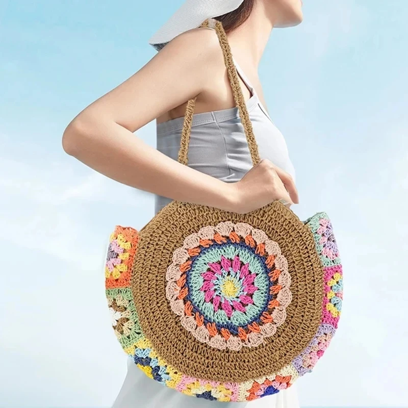 Ethnic Style Round Straw Weaving Fashion Shoulder Bag Summer Handmade Woven Beach Underarm Bags Women\'s Large Capacity Tote Bag