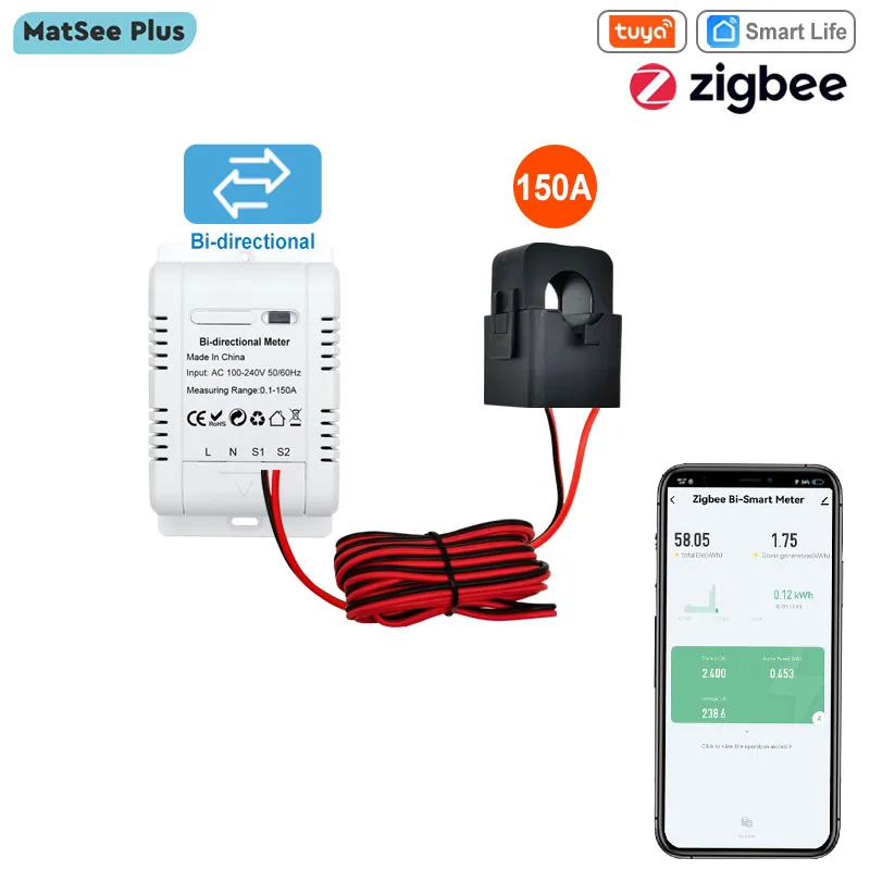 Tuya Smart Bidirectional Two Way ZigBee Energy Meter 150A Clamp Current Sensor for Solar Import Export KWh Monitor 110V 240VAC