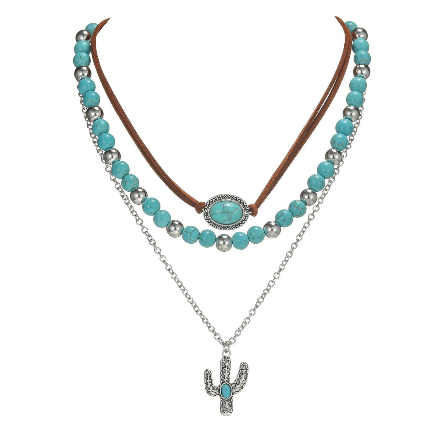 3-piece Bohemian style alloy cactus pendant necklace with multi-layer layered turquoise beaded velvet woven women\'s necklace