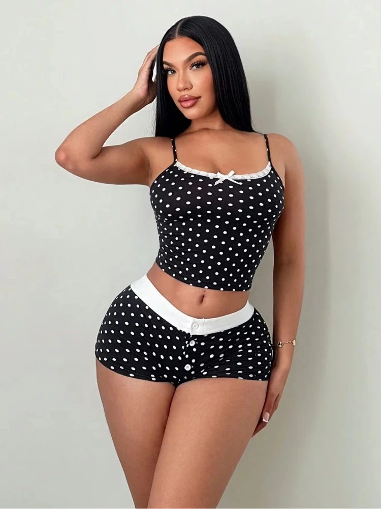 American Fashion Polka Dot Printing Lace Camisole Girl Vest Shorts Two-Piece Suit Vintage Contrast Bow Decoration Suit