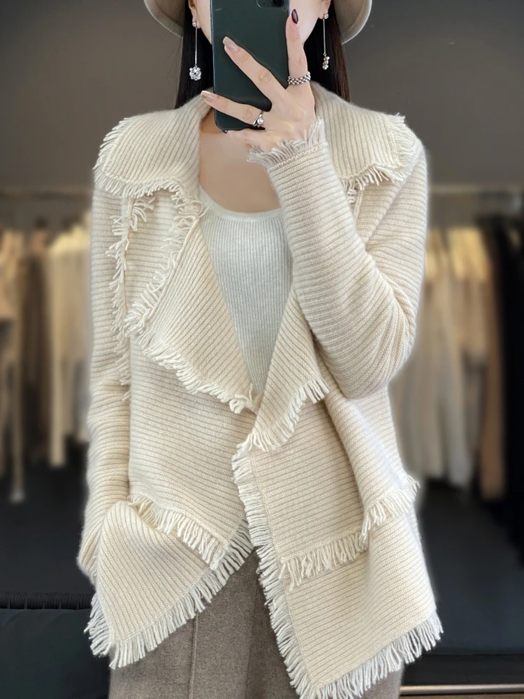 100% Merino Wool Women\'s Clothing Autumn and Winter New Knitted Cardigan Casual Loose Fitting Suit Collar Jacket Fashion Korean