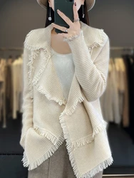 100% Merino Wool Women's Clothing Autumn and Winter New Knitted Cardigan Casual Loose Fitting Suit Collar Jacket Fashion Korean