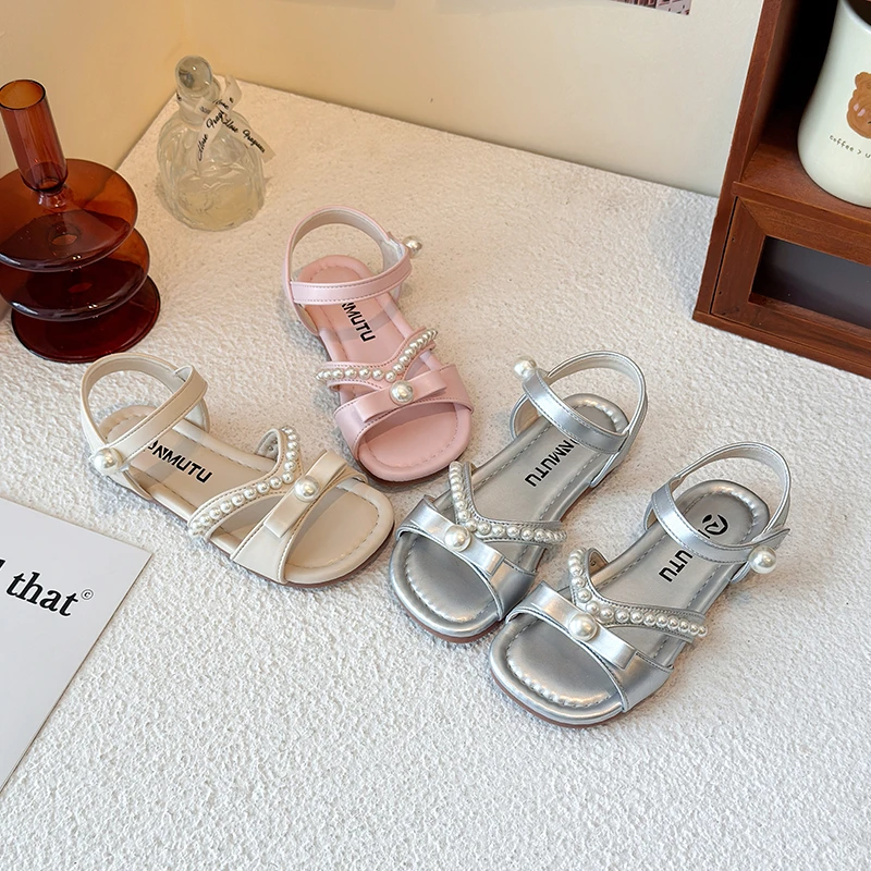 YUYIN New Children's Summer Flat Sandals Pearl Bow Girls' Princess Dress Shoes Children's Fashion Daily Sandals Comfortable Soft