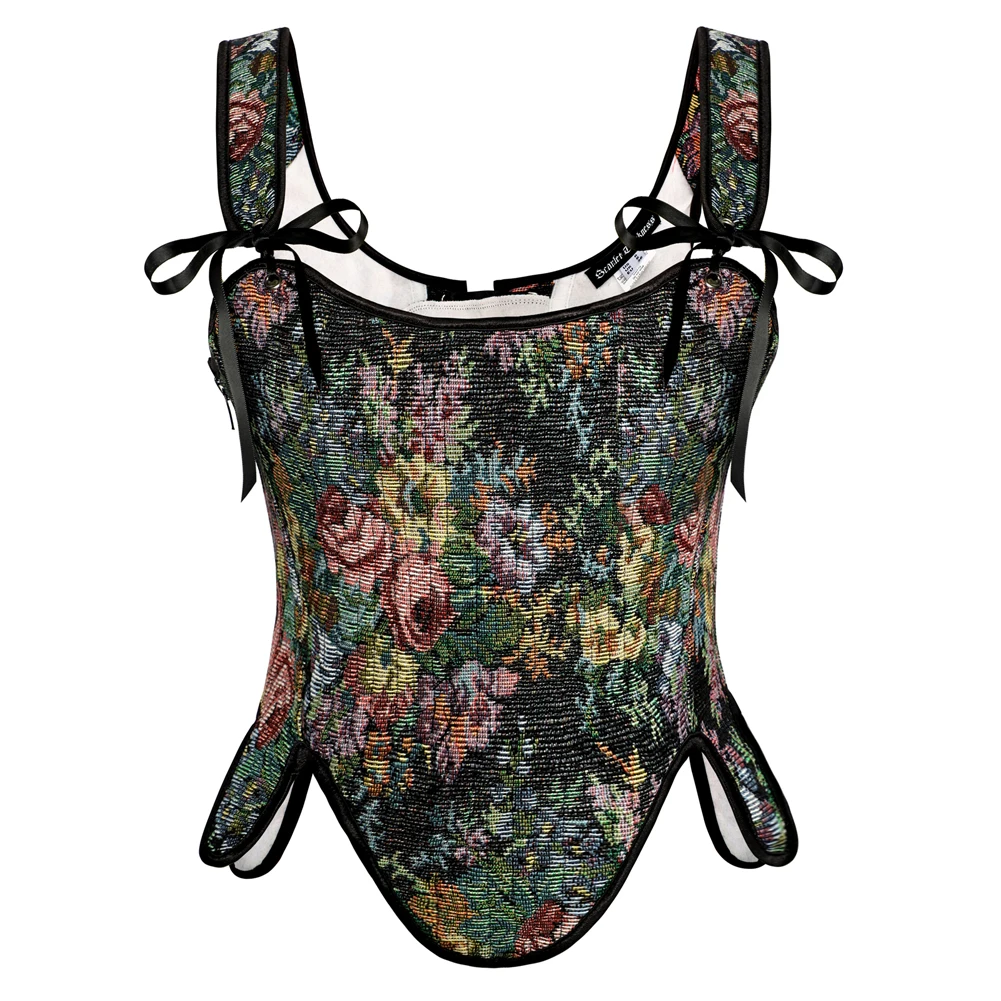 SD Women Vest Vintage Renaissance Floral Printed Elegant Lace-Up Corset Square Neck Irregular Hem Body Shape Slim Corset Top