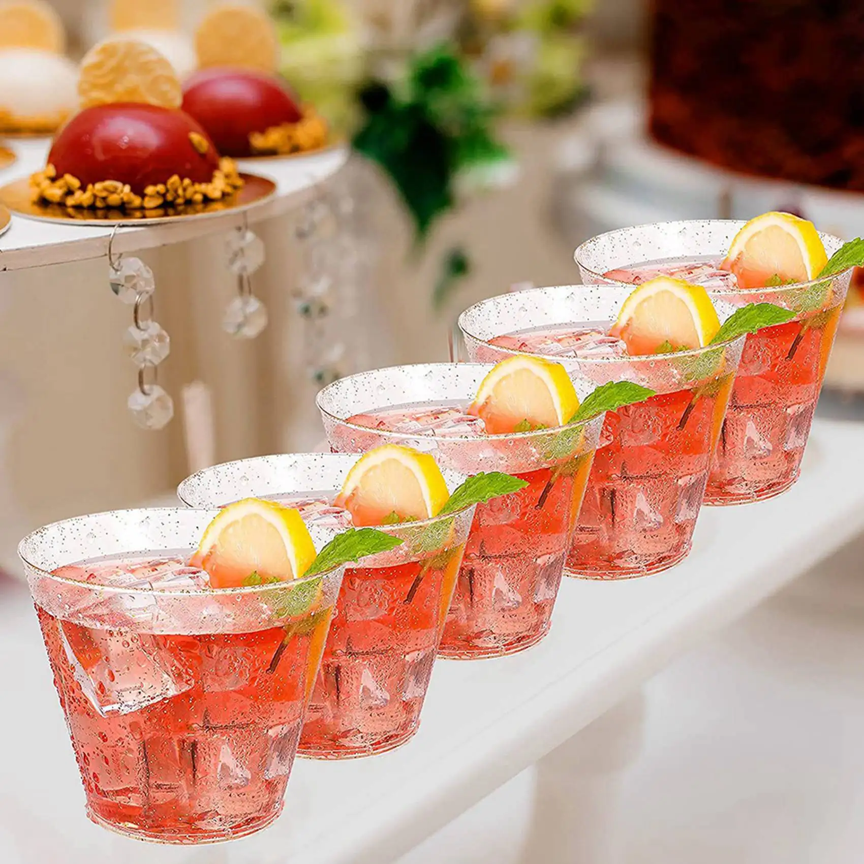 AA81-Gold Plastic Cups Clear Plastic Wine Glasses, Fancy Disposable Hard Plastic Cups With Gold Glitter For Party Cups 100Pcs