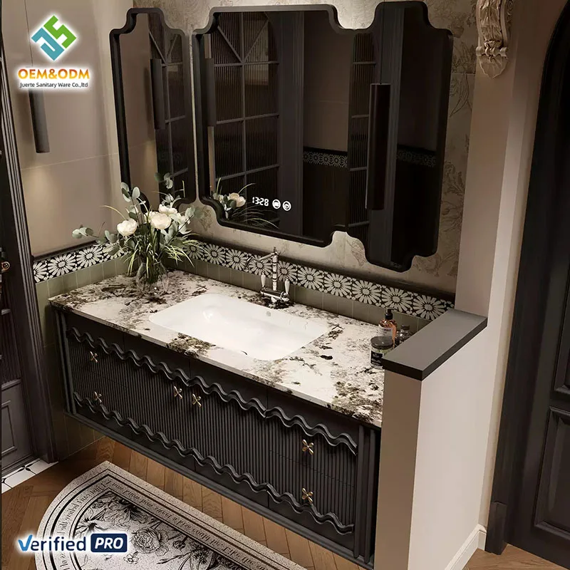 2025 OEM Modern Solid Wood Wall-Mounted Double Sink Vanity Makeup Table with Copper Drainer for Bedroom and Farmhouse Bathroom