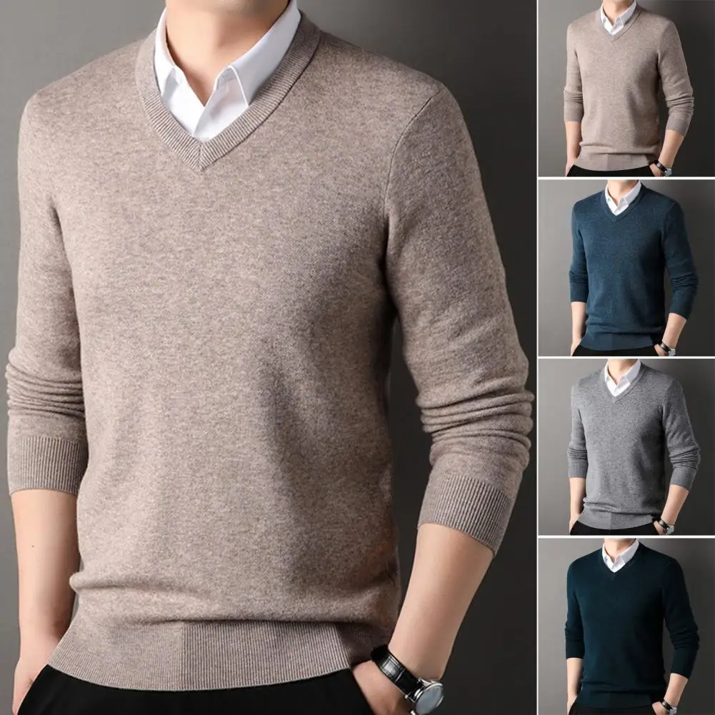 Fall Winter Men Sweater V Neck Knitted Solid Color Elastic Stretchy Pullover Mid Length Formal Korean Business Style Sweater