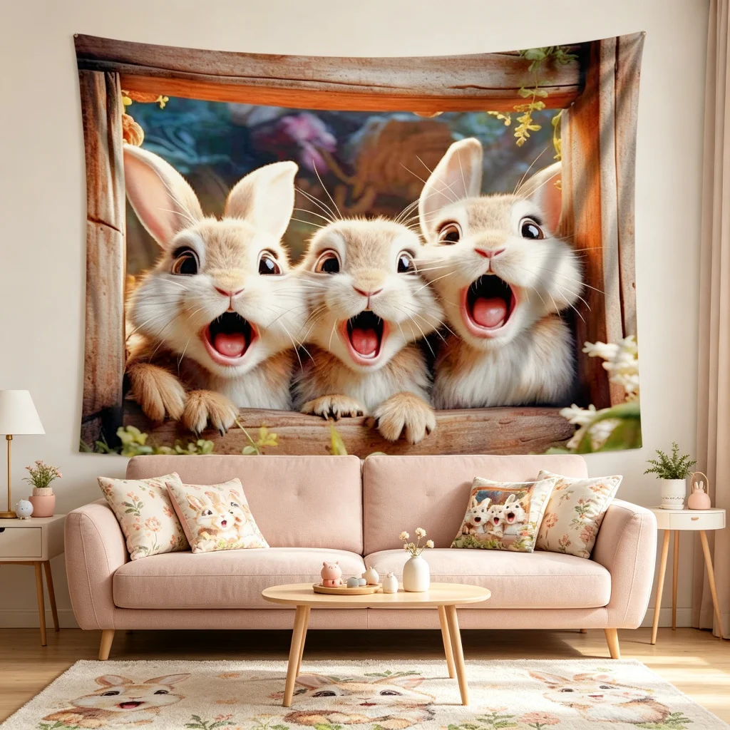 1PC Three Bunnies Window Frame Cute Print Backdrop Banner, Bedroom Living Room Photo Background, Polyester, Home Decor, Wall Art