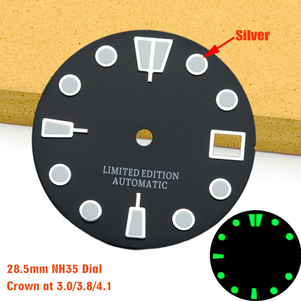Customized NH35 Dial 28.5mm Watch Dial Fit for NH35 NH36 7S26 Movement SKX007 SRPD Samurai Case Green Luminous Watch Dial