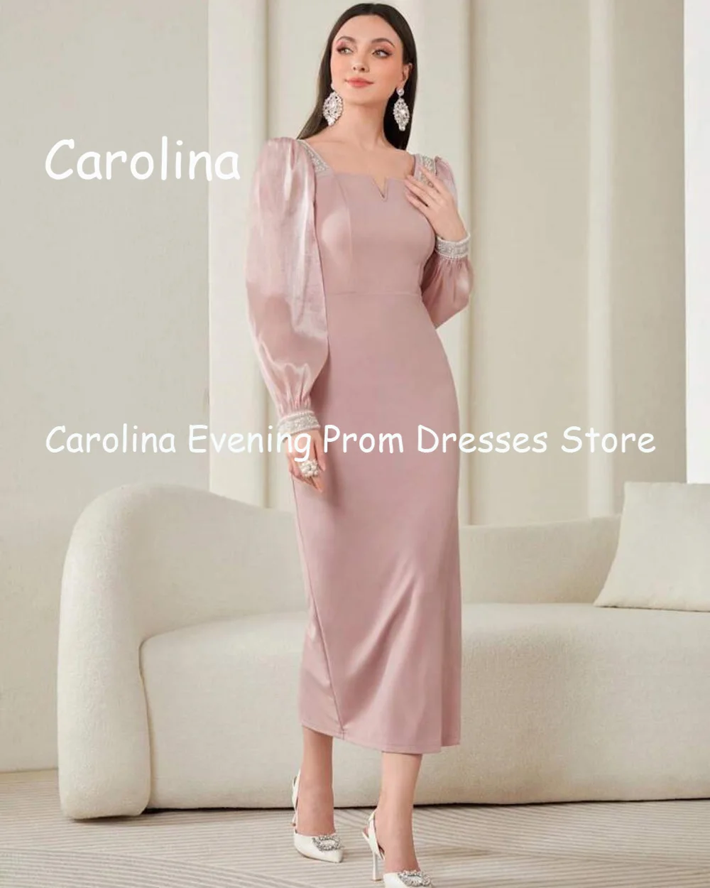 Carolina Satin Mermaid Square Neck Ruffle Prom Gown Ankle Length Saudi Evening Formal Elegant Party Dress for Women 2023