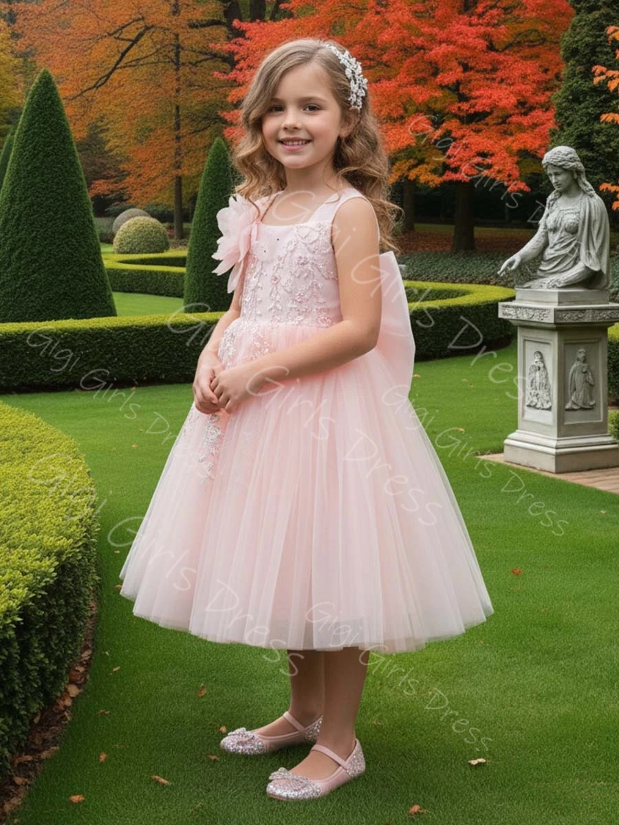 Tea-Length Girls Flower Girl Dress for Wedding with Ruffled Bow Beaded Lace Straps Princess Pageant Dress Custom Party Ball Gown