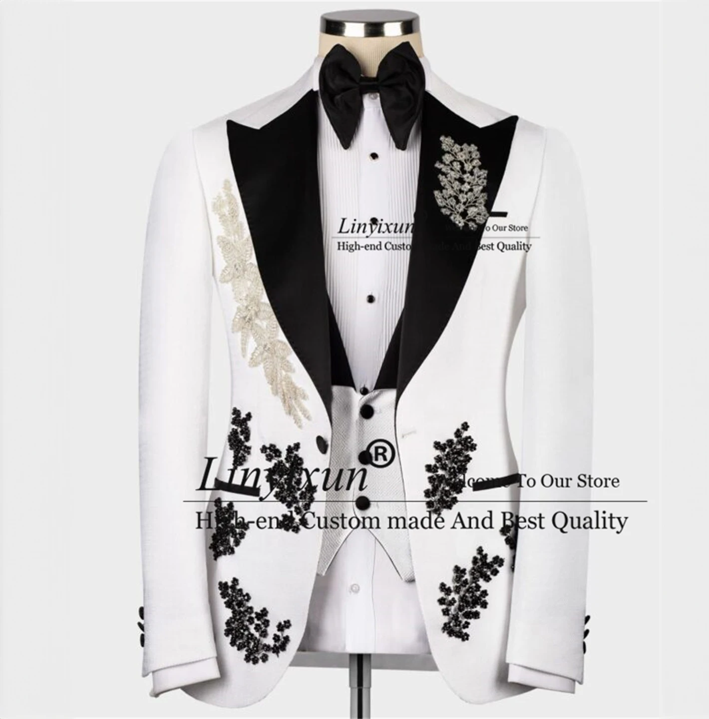 

Luxury Sequin Groom Tuxedos Peaked Lapel White Wedding Men Suit 3 Pieces Appliques Beads Slim Fit Male Prom Party Blazers Outfit