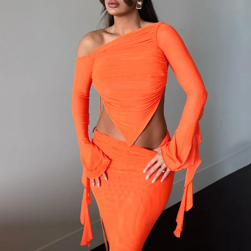 One-Shoulder Hollow Women's Skirt Suit Ribbon Lace Up Backless Top Orange Black Pleated Sheath Slim Skirt New Arrival In Stock