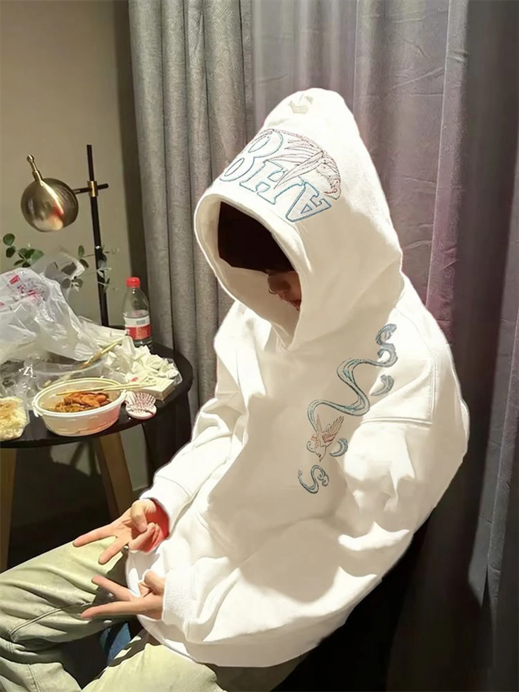 

Мужская зимняя толстовка в американском уличном стиле с вышивкой букв и китайским бамбуковым узором, свободного кроя, на флисовой подкладке, утепленная, для пар