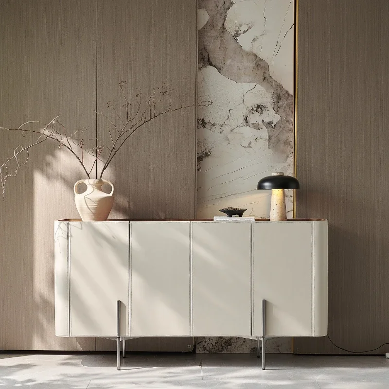Italian light luxury saddle leather dining side cabinet integrated against the wall, foyer partition cabinet