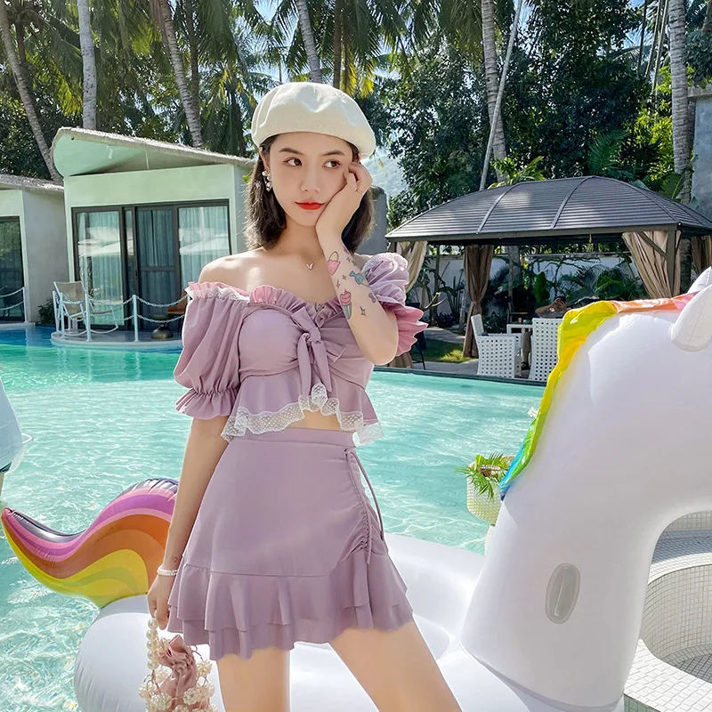 2025 nuevo traje de baño de dos piezas para mujer estudiante nadar Split lindo juvenil Puff manga sólida chica dulce traje de baño para mujer