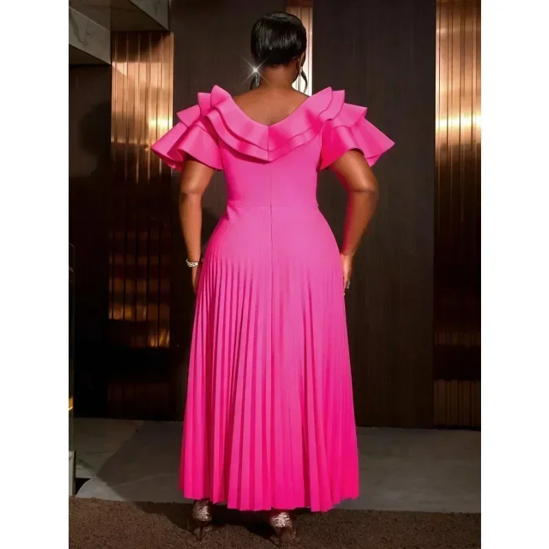 فستان نسائي أنيق طويل بطيات للحفلات المسائية مكشكش ورقبة دائرية وأكمام قصيرة وخصر عالي مع حزام لحفلات الزفاف للضيوف #5