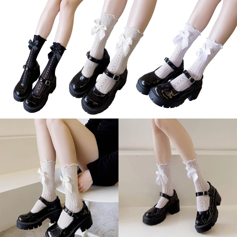 

Lolita Sweet Ruffled Bowknot Ankle Socks Women Ballet Style Solid Color Hollow Mesh Middle Tube Calf Socks JK Uniform Daily Wear