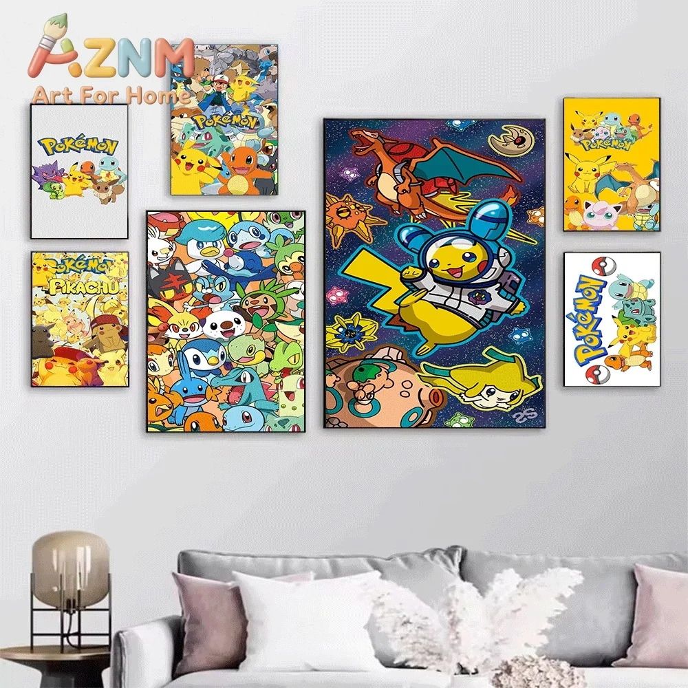 Rainbow Gradient Pokemon Starters Canvas Wall Art No Frame Anime Print Poster Painting for Kids Bedroom Living Room Home Wall
