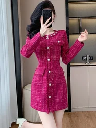 2026 New Plaid Tweed Chic Single Breasted Mini Dress Women Elegant Luxury Diamonds Dress Autumn Winter Korean Bodycon Prom Dress