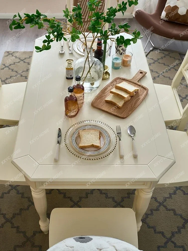 

Обеденный стол и стулья из массива дерева в американском стиле, кремово-белые, современные, простые, прямоугольные, для ресторана и дома