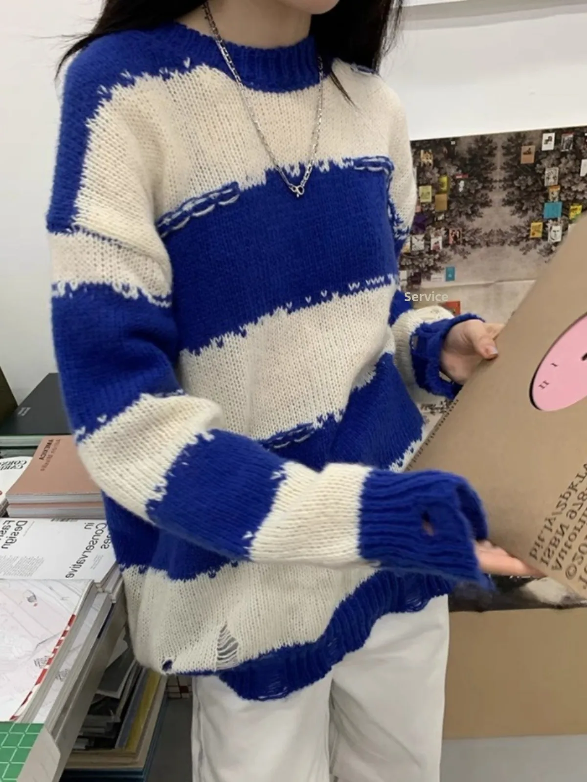 Ladies' Stripe Knitwear Sweater Thin Autumnal Overhead Design Hole Pattern Trendy Top Casual Commute Loose Fit Long Sve