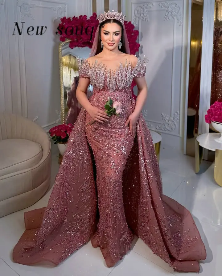 

Роскошные румяно-розовые вечерние платья из двух частей со съемным шлейфом и кристаллами по индивидуальному заказу с открытыми плечами, свадебное платье для приема