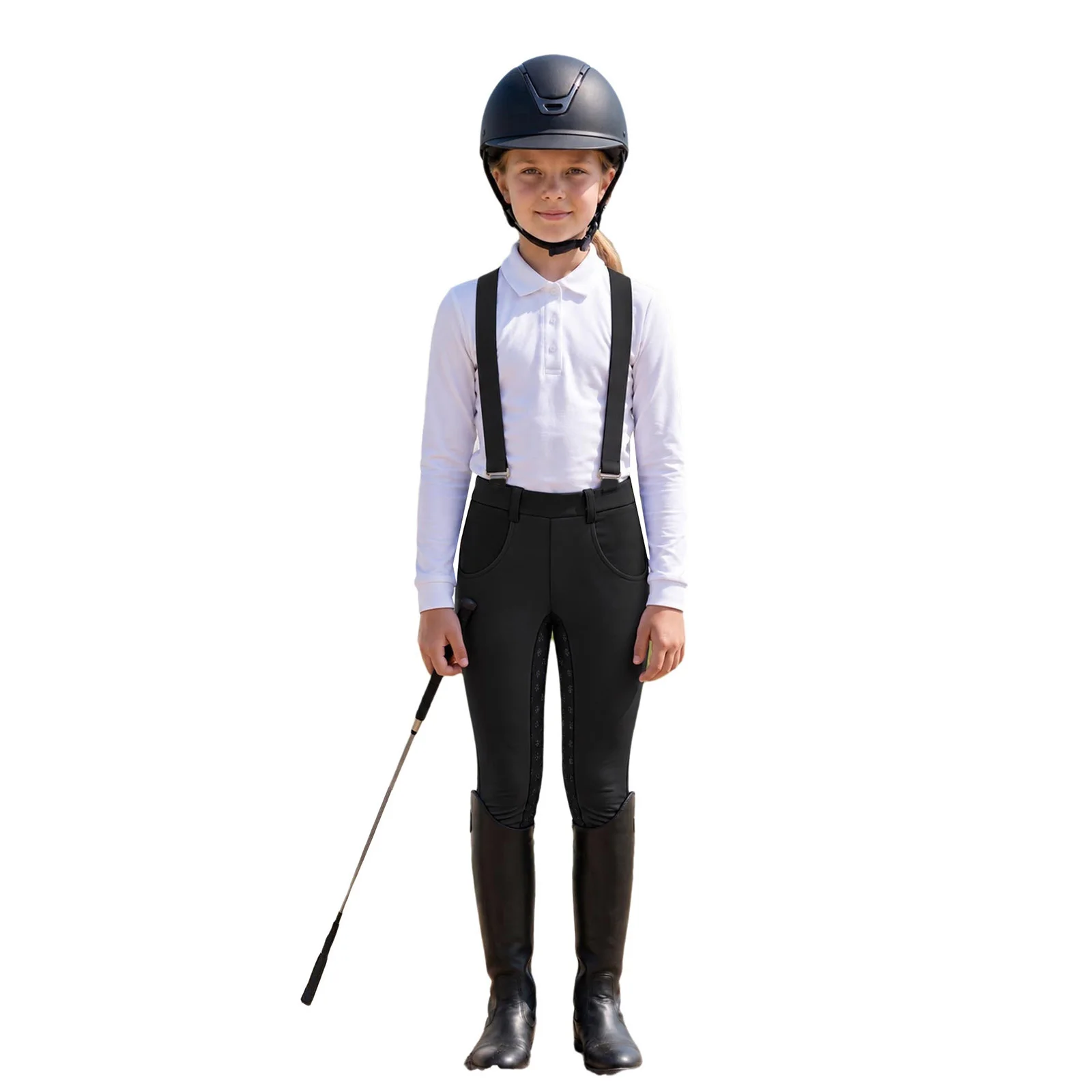 Reithose für Mädchen, elastischer Bund, Sportleggings mit Taschen und Schultergurten. – Detail 12
