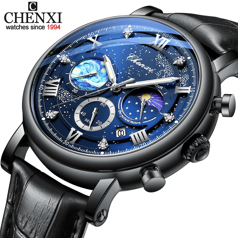 

CHENXI 2023 New Fashion Starry Sky Watch Men Moon Phase Watches Leather Strap Chronograph Quartz Wristwatches Men Reloj Hombre