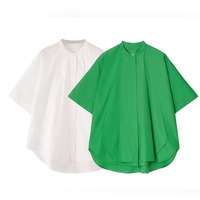 TRAFZR Women's Relaxed Fit Shirt 2025 Spring Summer Solid Color 100% Cotton Stand Collar Short Sleeve Modern Workwear Essential