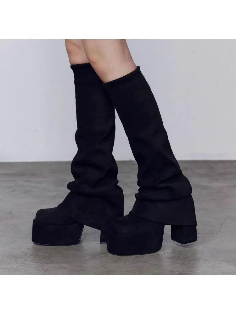 

Women's High Heel Boots Thi Bot Velvet Long Tube Boots Korean Sle Faion Boots round Toe Rubber Outsole All Season