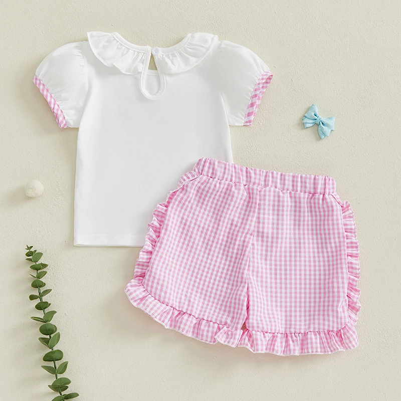 Tenue de Golf pour bébé fille de 0 à 3 ans, t-shirt à manches courtes brodé avec nœud de chariot, Short à volants à carreaux, ensemble d'été 2 pièces