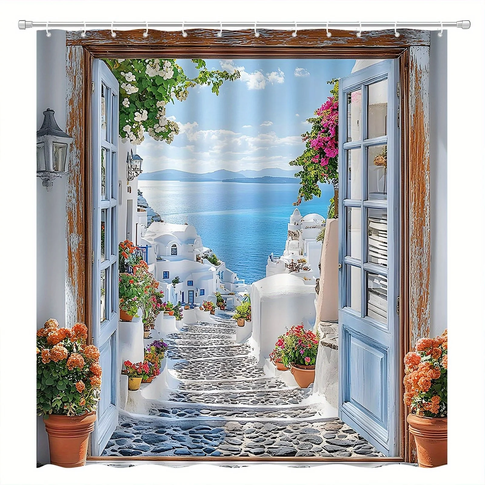 

1 шт., занавеска для душа с видом на средиземноморское море — полиэстер, цветочный и прибрежный пейзаж, светло-голубой и белый, машина была